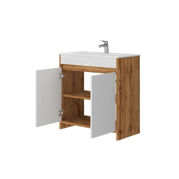 Meuble de Salle de Bain 80 cm avec Vasque Chêne et Blanc Meuble avec Lavabo en Céramique