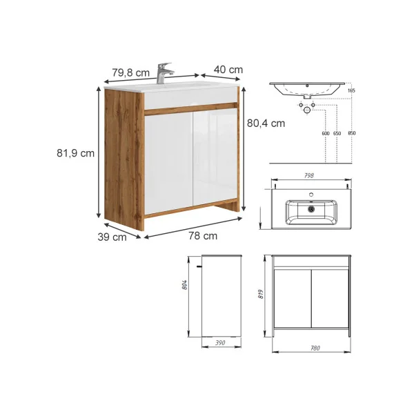 Meuble de Salle de Bain 80 cm avec Vasque Chêne et Blanc Meuble avec Lavabo en Céramique