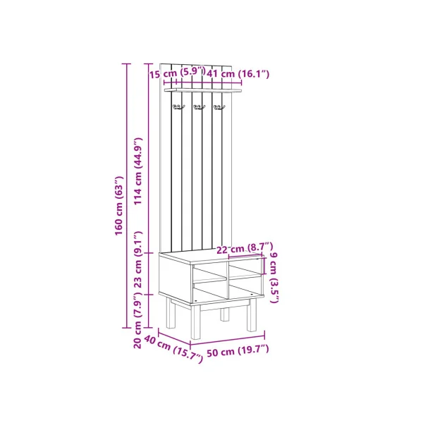 Meuble d'Entrée avec Porte Manteaux Pin Massif Casiers pour Chaussures