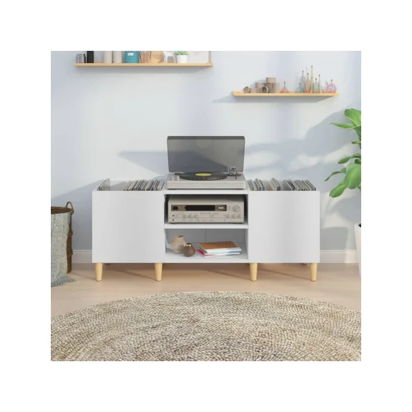 Meuble Platine Vinyles Blanc avec Rangement Vinyles Pieds Scandi Moderne Armoire à Disques