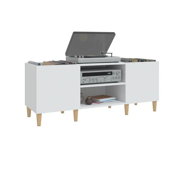 Meuble Platine Vinyles Blanc avec Rangement Vinyles Pieds Scandi Moderne Armoire à Disques