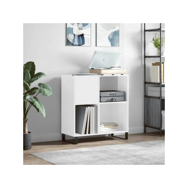 Meuble Platine Vinyles Blanc Brillant avec Rangement Vinyles Moderne Armoire Disques