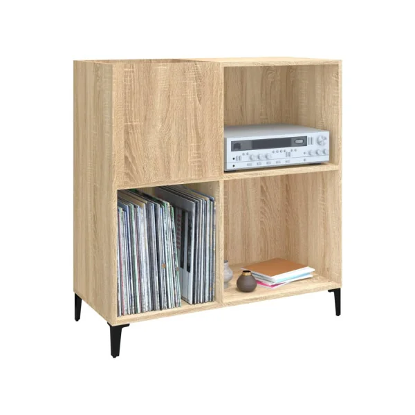 Meuble Platine Vinyles Chêne avec Rangement Pieds Métal Noir Moderne Armoire Disques