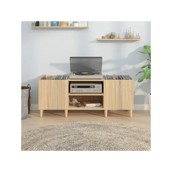 Meuble Platine Vinyles Chêne avec Rangement Vinyles Pieds Scandi Moderne Armoire à Disques