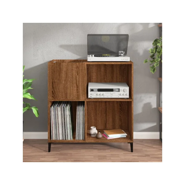 Meuble Platine Vinyles Chêne Marron avec Rangement Pieds Métal Noir Moderne Armoire Disques