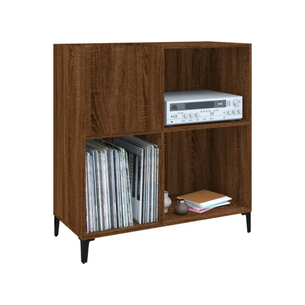 Meuble Platine Vinyles Chêne Marron avec Rangement Pieds Métal Noir Moderne Armoire Disques