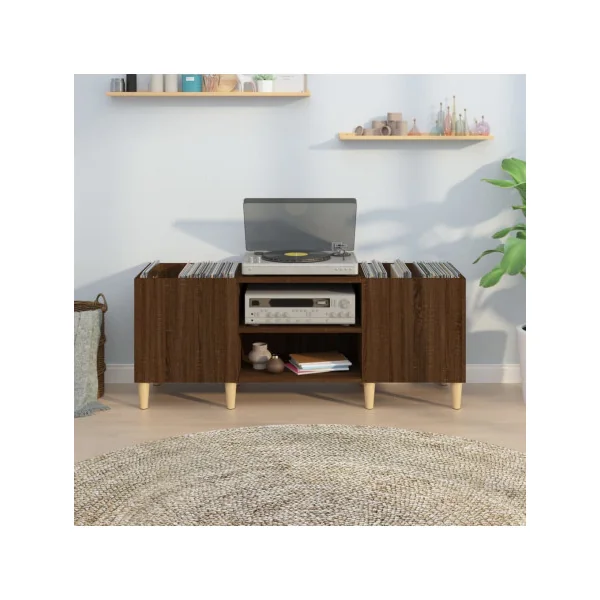 Meuble Platine Vinyles Chêne Marron avec Rangement Vinyles Pieds Scandi Moderne Armoire à Disques