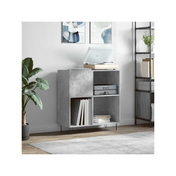 Meuble Platine Vinyles Gris Béton avec Rangement Pieds Epingles Moderne Armoire Disques