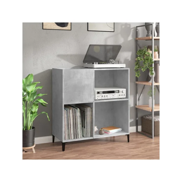 Meuble Platine Vinyles Gris Béton avec Rangement Pieds Métal Noir Moderne Armoire Disques