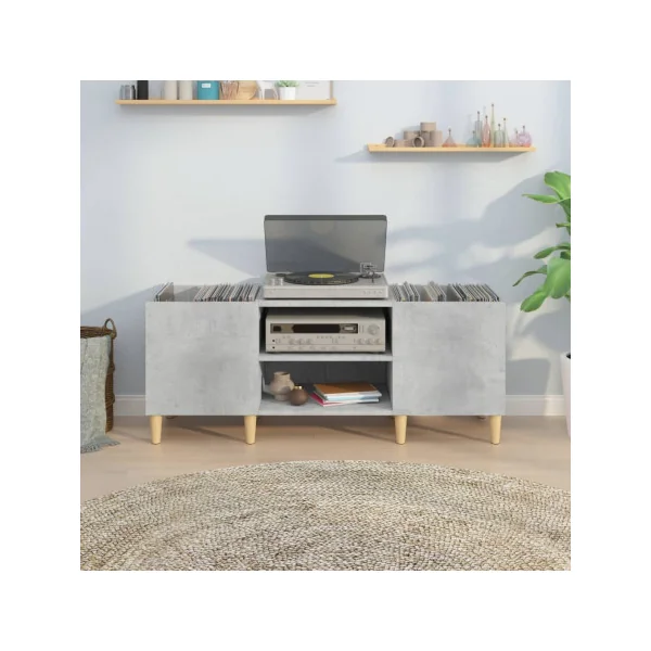 Meuble Platine Vinyles Gris Béton avec Rangement Vinyles Pieds Scandi Moderne Armoire à Disques