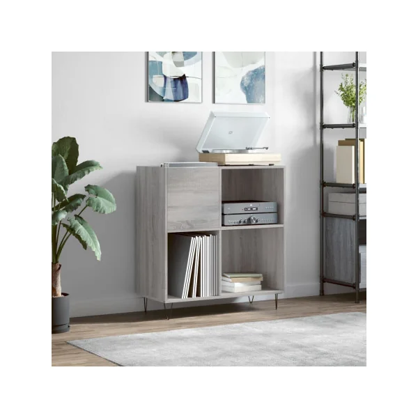 Meuble Platine Vinyles Gris Chêne avec Rangement Pieds Epingles Moderne Armoire Disques