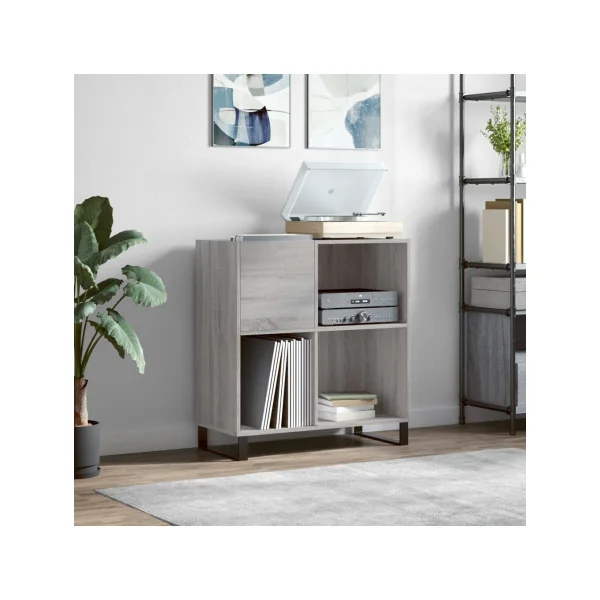 Meuble Platine Vinyles Gris Chêne avec Rangement Vinyles Moderne Armoire Disques