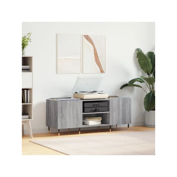 Meuble Platine Vinyles Gris Chêne avec Rangement Vinyles Moderne Armoire à Disques