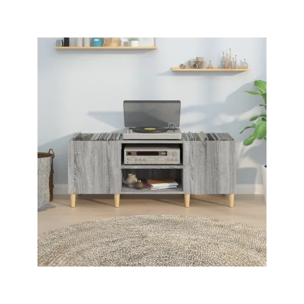 Meuble Platine Vinyles Gris Chêne avec Rangement Vinyles Pieds Scandi Moderne Armoire à Disques