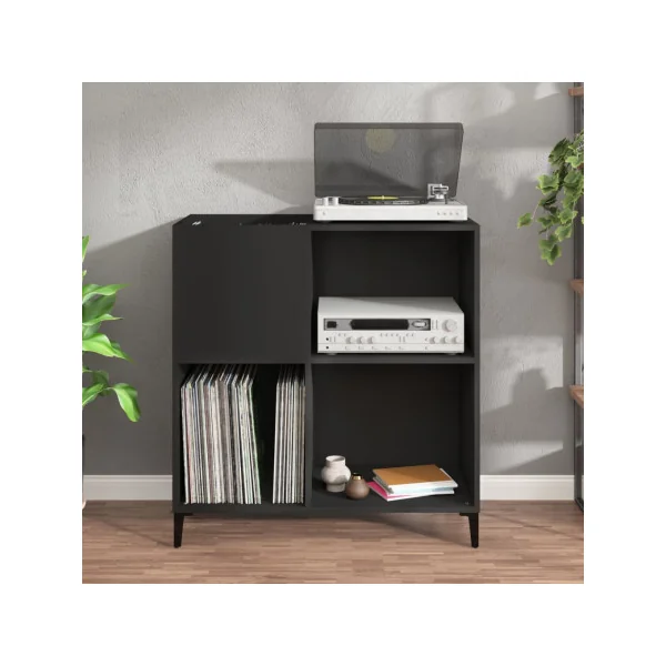 Meuble Platine Vinyles Noir avec Rangement Pieds Métal Noir Moderne Armoire Disques