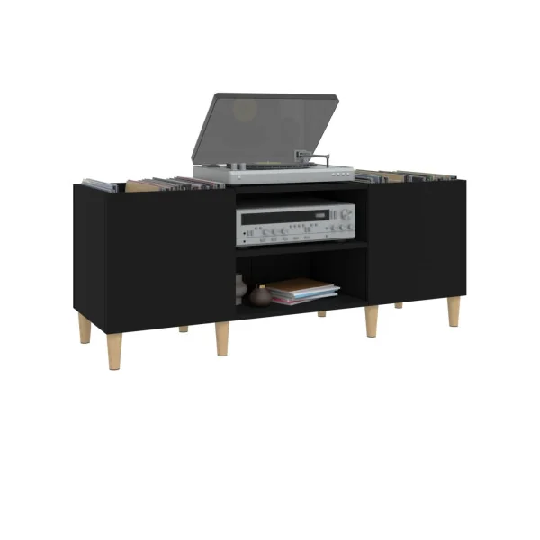 Meuble Platine Vinyles Noir avec Rangement Vinyles Pieds Scandi Moderne Armoire à Disques