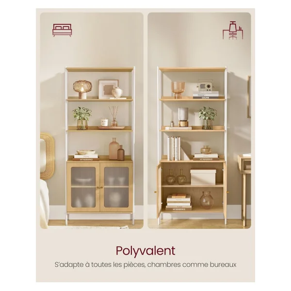 Meuble Rangement Bibliothèque 6 Niveaux Chêne et Blanc Façade Plastique