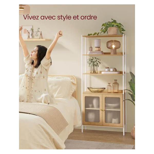 Meuble Rangement Bibliothèque 6 Niveaux Chêne et Blanc Façade Plastique