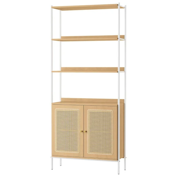 Meuble Rangement Bibliothèque 6 Niveaux Chêne et Blanc Façade Rotin
