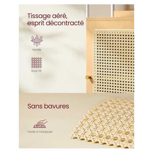 Meuble Rangement Bibliothèque 6 Niveaux Chêne et Blanc Façade Rotin