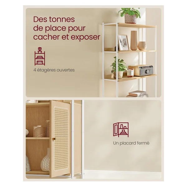 Meuble Rangement Bibliothèque 6 Niveaux Chêne et Blanc Façade Rotin