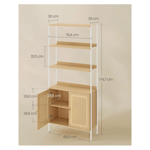Meuble Rangement Bibliothèque 6 Niveaux Chêne et Blanc Façade Rotin
