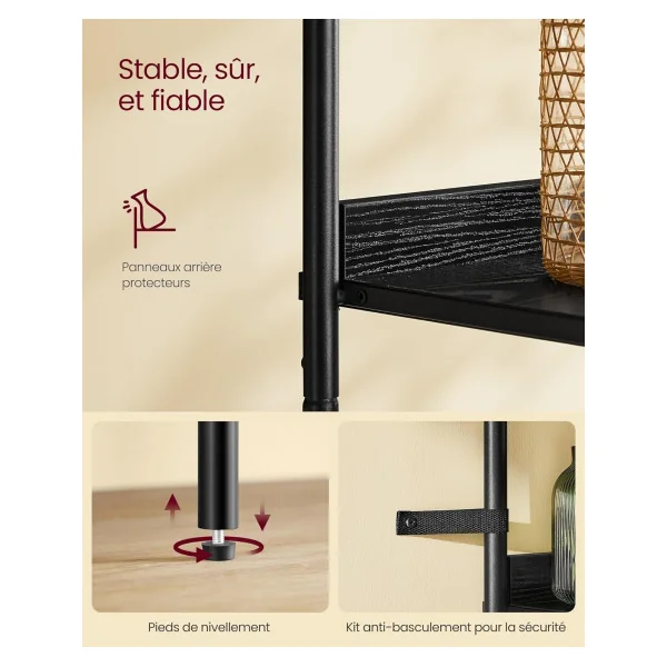 Meuble Rangement Bibliothèque 6 Niveaux Noir Boisé Façade Rotin