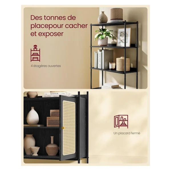 Meuble Rangement Bibliothèque 6 Niveaux Noir Boisé Façade Rotin