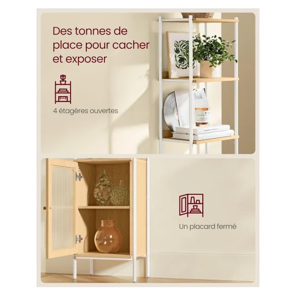 Meuble Rangement Bibliothèque Colonne 6 Niveaux Chêne et Blanc Façade Plastique
