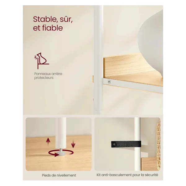Meuble Rangement Bibliothèque Colonne 6 Niveaux Chêne et Blanc Façade Rotin
