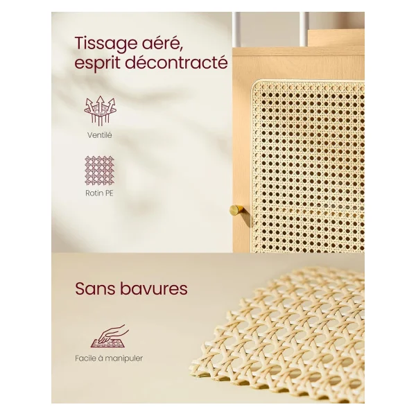 Meuble Rangement Bibliothèque Colonne 6 Niveaux Chêne et Blanc Façade Rotin