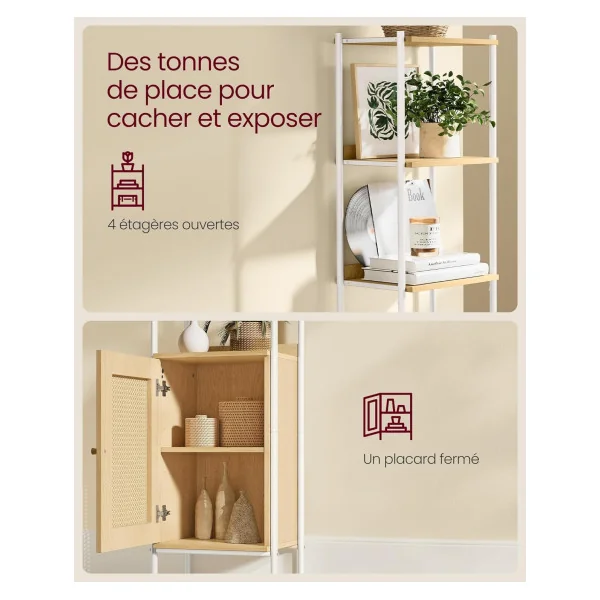 Meuble Rangement Bibliothèque Colonne 6 Niveaux Chêne et Blanc Façade Rotin