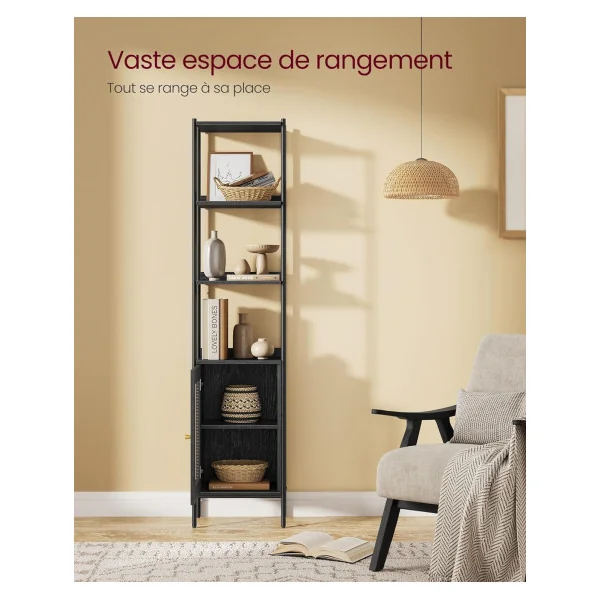 Meuble Rangement Bibliothèque Colonne 6 Niveaux Noir Boisé Façade Rotin