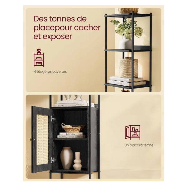 Meuble Rangement Bibliothèque Colonne 6 Niveaux Noir Boisé Façade Rotin