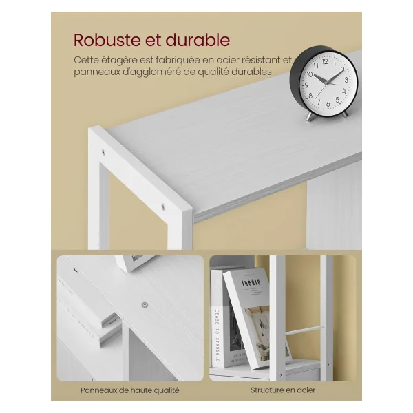 Meuble Rangement Blanc Boisé Bibliothèque 4 Niveaux Cadre Acier Placard avec Portes