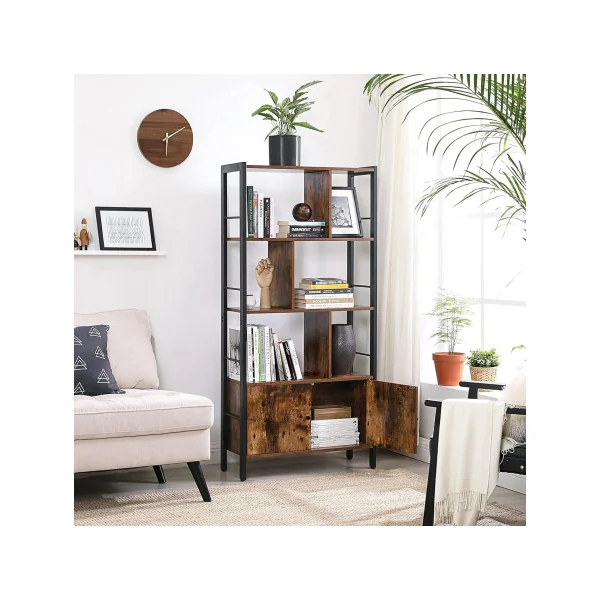 Meuble Rangement Brun Rustique Bibliothèque 4 Niveaux Cadre Acier Placard avec Portes