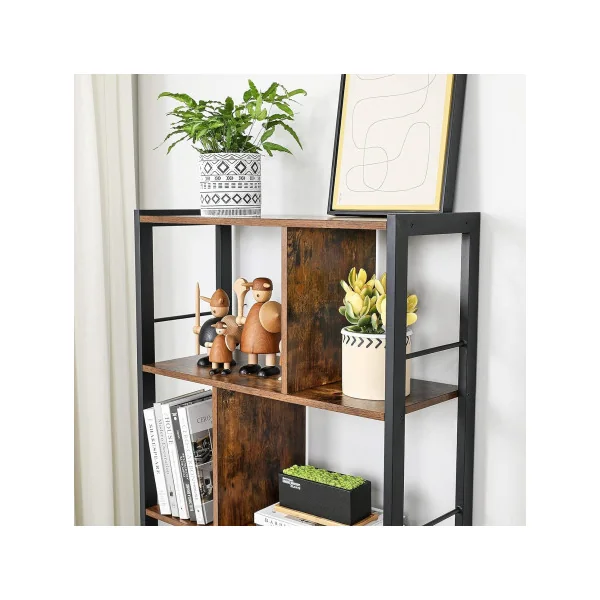 Meuble Rangement Brun Rustique Bibliothèque 4 Niveaux Cadre Acier Placard avec Portes
