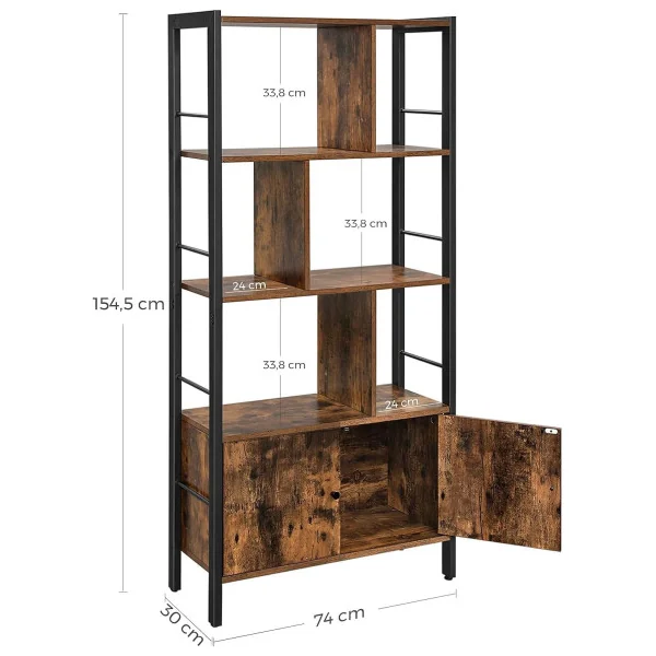 Meuble Rangement Brun Rustique Bibliothèque 4 Niveaux Cadre Acier Placard avec Portes