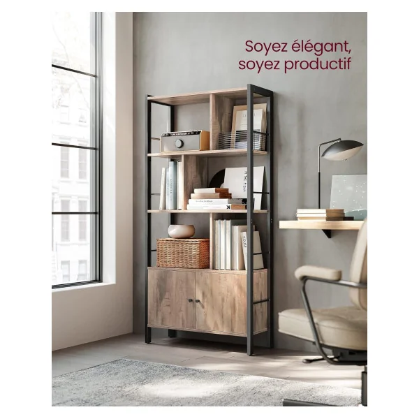 Meuble Rangement Marron Caramel Bibliothèque 4 Niveaux Cadre Acier Placard avec Portes