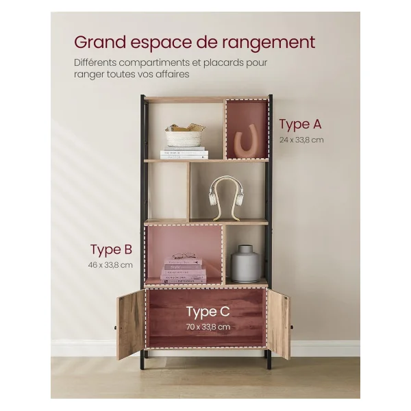 Meuble Rangement Marron Caramel Bibliothèque 4 Niveaux Cadre Acier Placard avec Portes