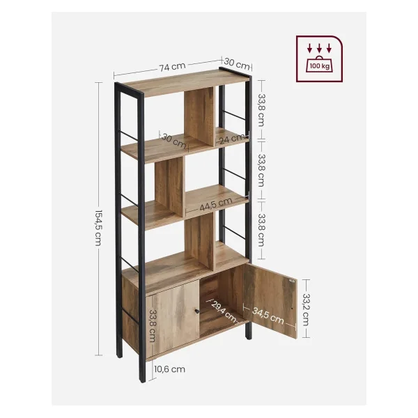 Meuble Rangement Marron Caramel Bibliothèque 4 Niveaux Cadre Acier Placard avec Portes