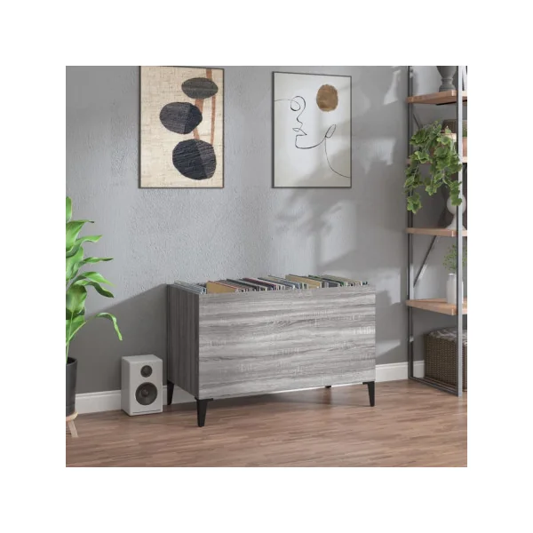Meuble Rangement Vinyles Chêne Gris 2 Compartiments Rangement Vinyles Moderne Armoire à Disques