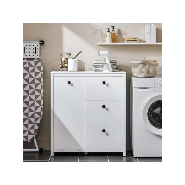 Meuble Salle de Bain Blanc avec Panier à Linge Intégré Armoire Basse Salle de Bain Linge Sale