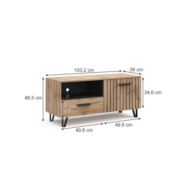 Meuble TV 100 cm Chêne Graphique 1 placard 1 tiroirs Meuble Téléviseur