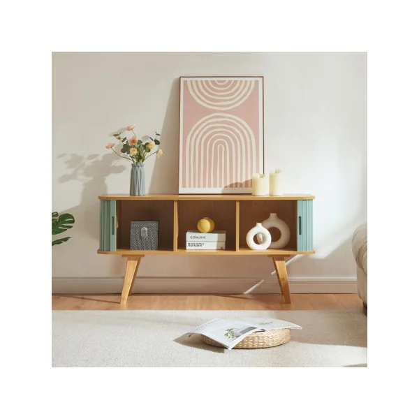 Meuble TV 120 cm Bambou Massif et Bleu Meuble Télévision Bambou Tendance