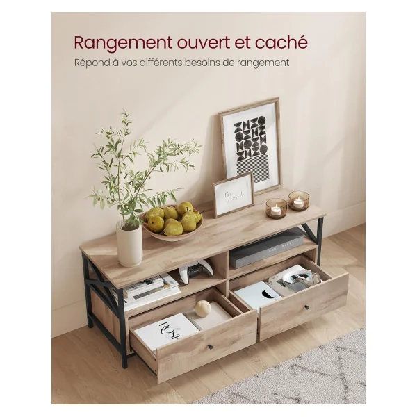 Meuble TV 120 cm Chêne et Noir Industriel Meuble Télé 2 Tiroirs Meuble Téléviseur