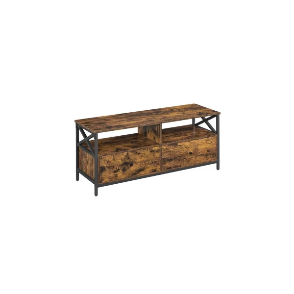 Meuble TV 120 cm Chêne Fumé et Noir Industriel Meuble Télé 2 Tiroirs Meuble Téléviseur