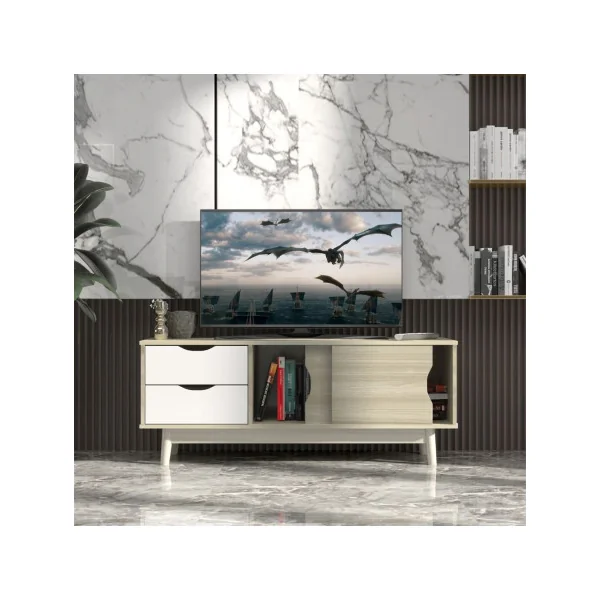 Meuble TV 120 cm Moderne avec 2 Tiroirs 2 Portes Coulissantes Blanc et Chêne Gris