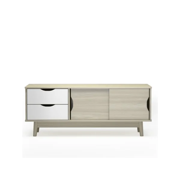 Meuble TV 120 cm Moderne avec 2 Tiroirs 2 Portes Coulissantes Blanc et Chêne Gris