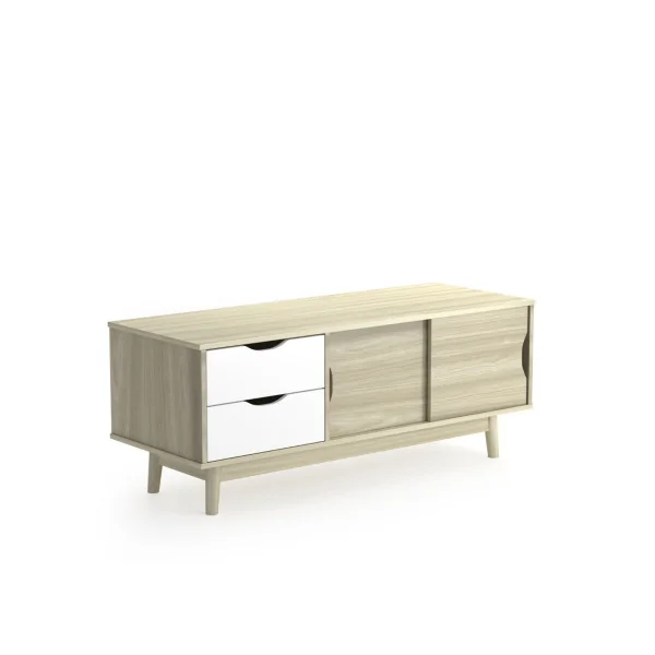 Meuble TV 120 cm Moderne avec 2 Tiroirs 2 Portes Coulissantes Blanc et Chêne Gris